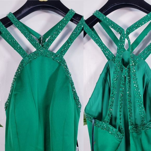 NWT LA FEMME High Halter Beaded Sheath Satin Gown - Picture 5 of 12